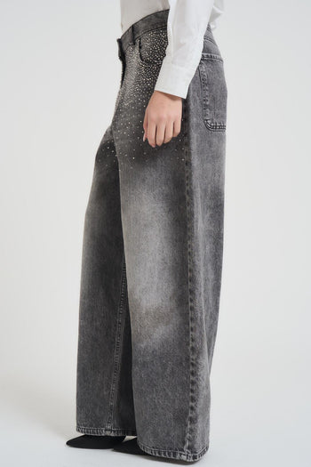 Jeans donna wide leg grigio con strass - 4