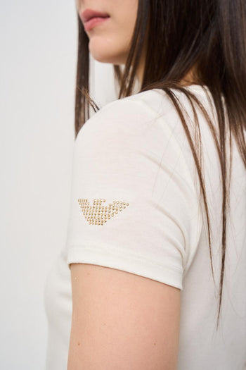 T-shirt donna girocollo bianca con strass - 4