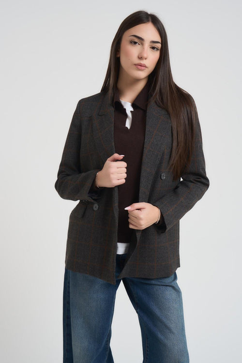 Giacca donna doppiopetto a quadri grigia - 2