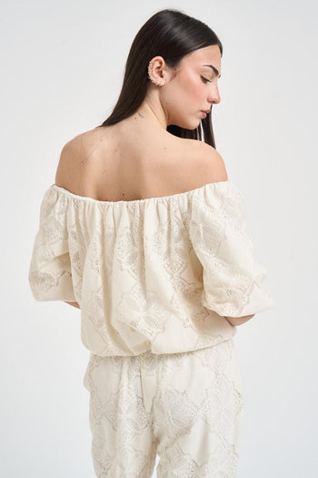 Set coordinato top e pantalone in pizzo panna - 4