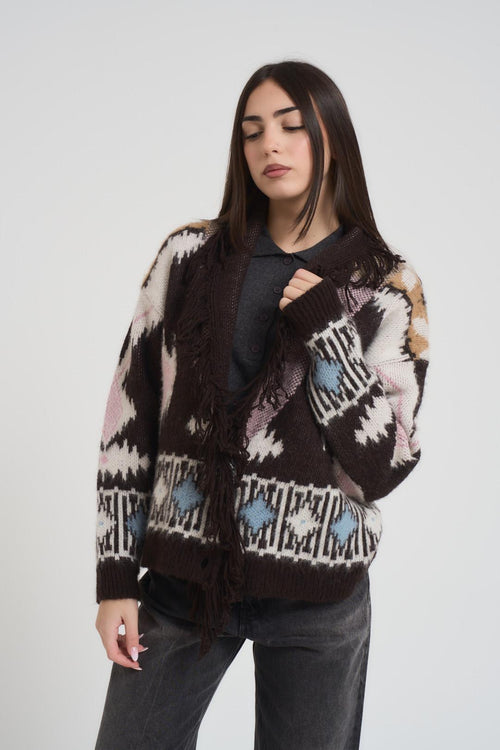 Cardigan donna scollo profondo con frangia marrone - 2
