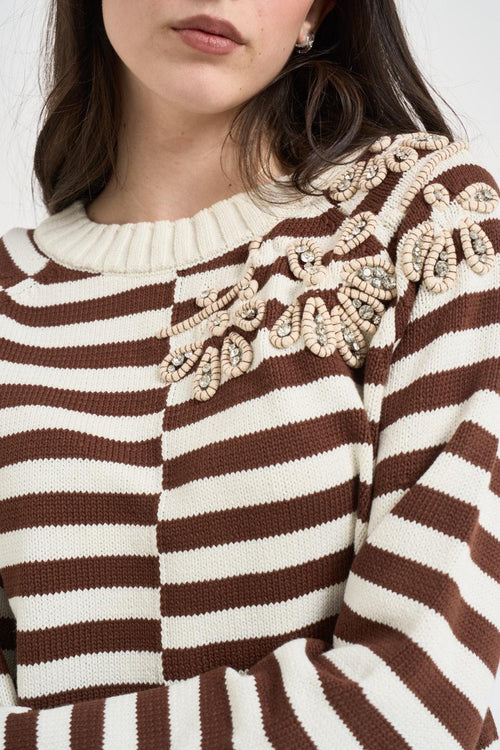Maglia donna a righe panna e marrone - 2