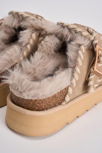 Sabot platform donna pelle scamosciata con cuciture beige - 7