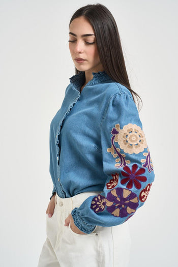 Camicia donna in denim con ricami - 3