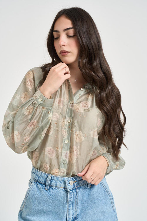 Camicia donna verde salvia con stampa floreale