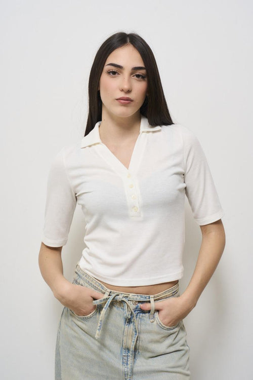 Women's white V-neck polo shirt