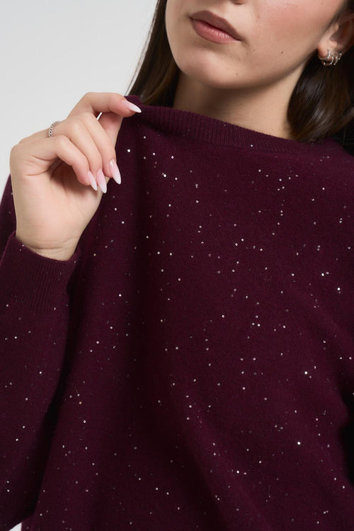 Maglia donna girocollo con strass bordeaux - 2