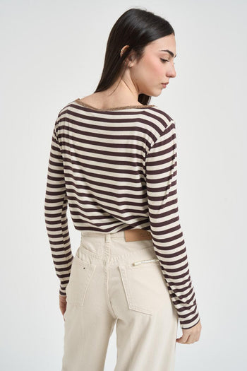 Maglia donna a righe marrone e panna - 3