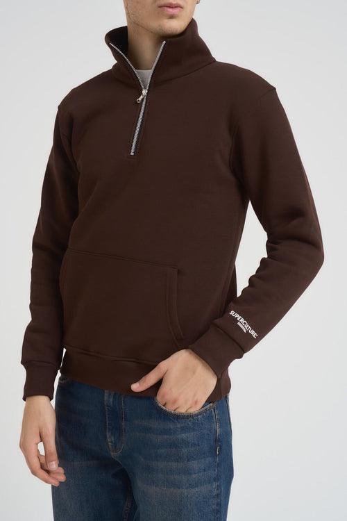 Felpa uomo mezza zip marrone
