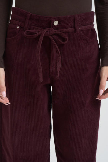 Pantalone donna a palazzo in velluto a costine bordeaux - 7