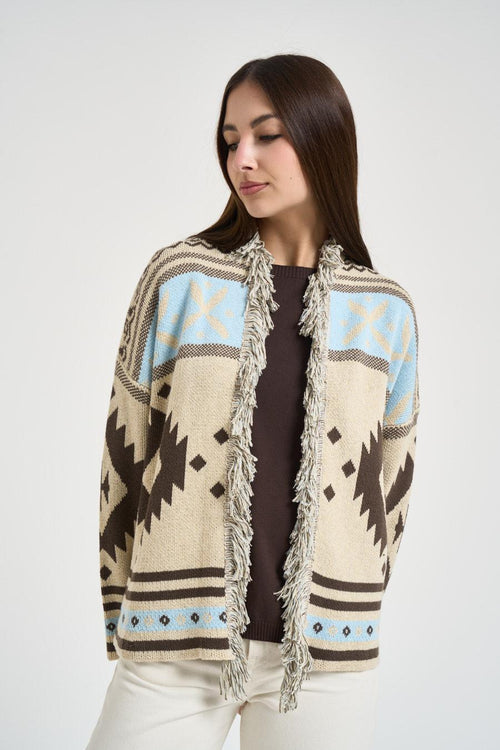 Cardigan donna jacquard beige e moro - 2