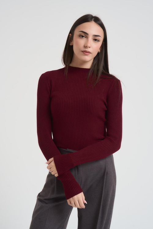 Maglia donna girocollo a costine bordeaux