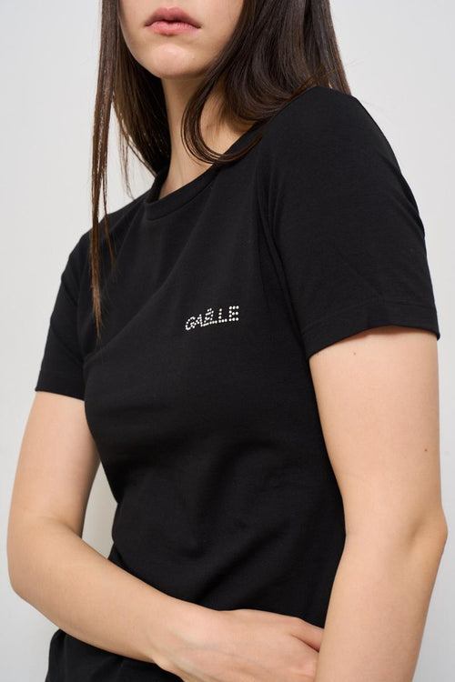 T-shirt donna girocollo nera con strass - 2