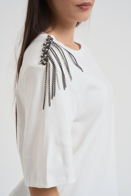 T-shirt donna girocollo bianca con strass - 2