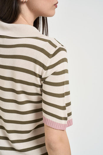 Polo donna a righe verde e panna - 4