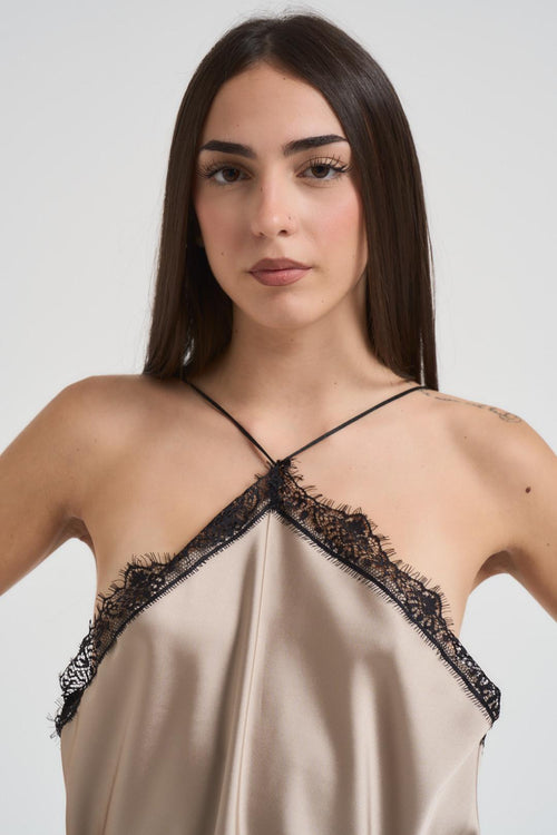 Top donna satinato beige con pizzo nero - 2