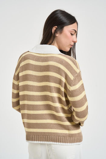 Polo donna in maglia a righe beige - 3