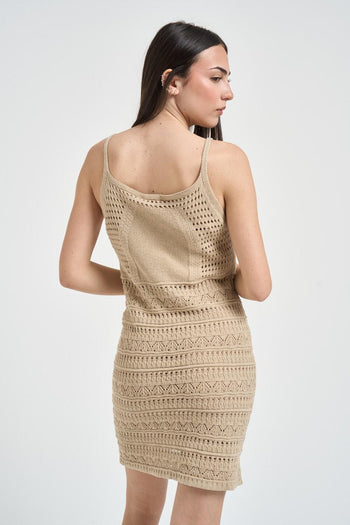Abito donna beige in maglia traforata - 5