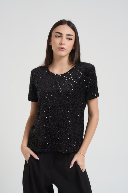 T-shirt donna girocollo con paillettes nera