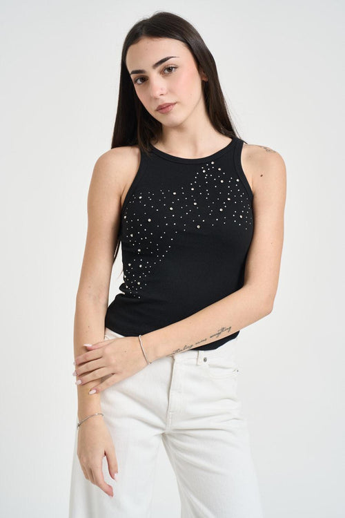 Top donna girocollo nero con strass
