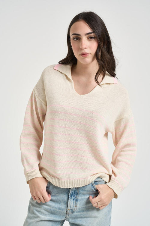 Maglia donna a righe panna e rosa