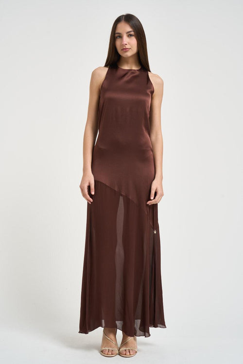 Abito donna asimmetrico satinato marrone