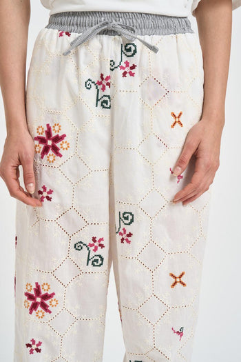 Pantalone donna bianco con ricami multicolor - 5