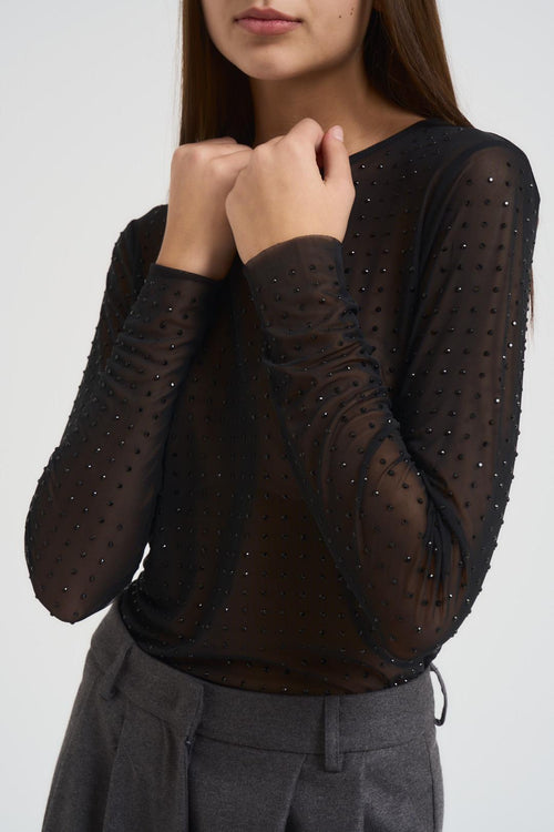 Top donna semitrasparente con strass nero - 2