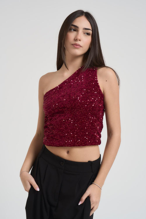 Top donna monospalla con paillettes bordeaux