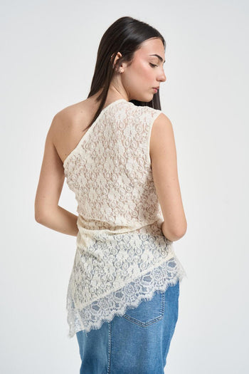 Top donna monospalla in pizzo panna - 4