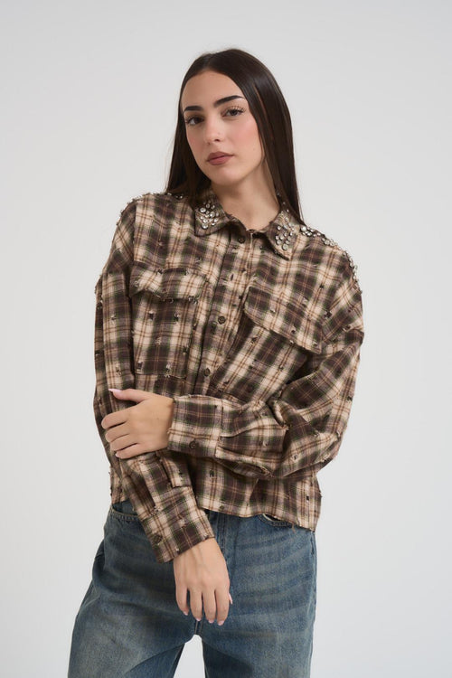 Camicia donna tartan beige e marrone con strass - 2
