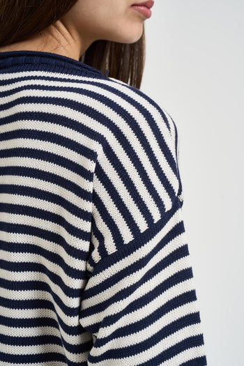 Maglia donna a righe blu e panna - 4