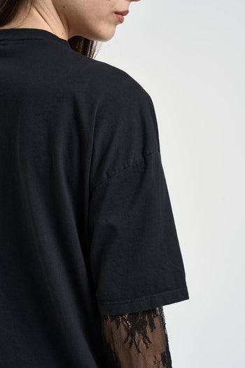 T-shirt donna nera con maniche in pizzo - 4