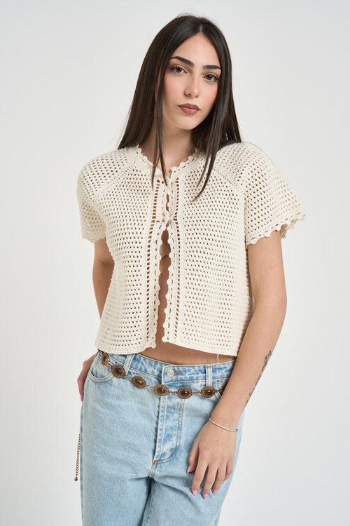 Polo donna in maglia traforata panna
