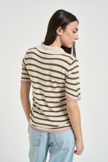 Polo donna a righe verde e panna - 3