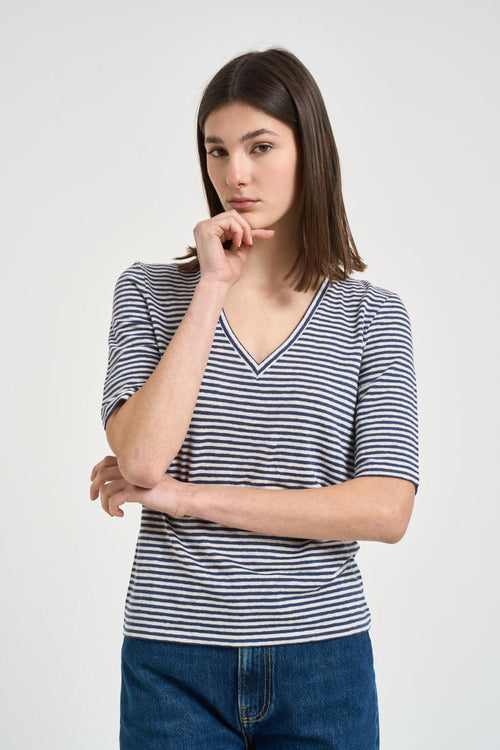 T-shirt donna a righe blu e bianca - 1