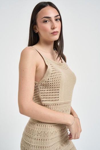 Abito donna beige in maglia traforata - 3