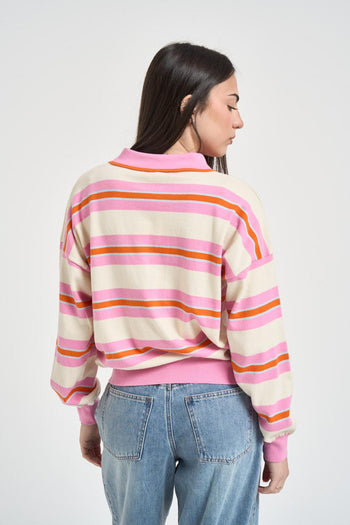 Polo donna a righe panna e rosa - 3