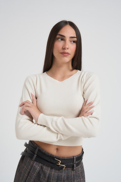 Maglia donna girocollo cropped panna - 2