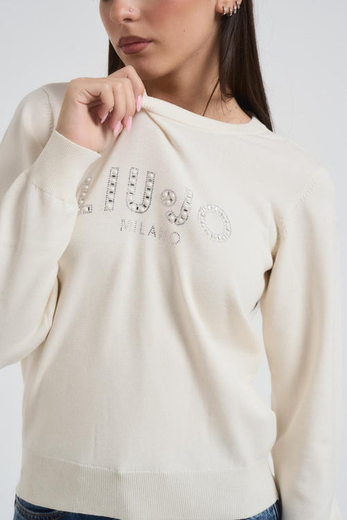 Felpa donna girocollo panna con strass - 2