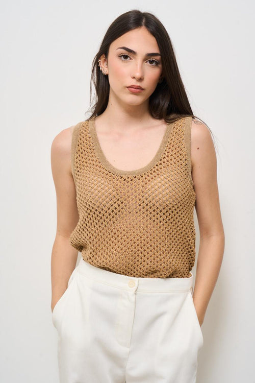 Top donna in maglia cammello