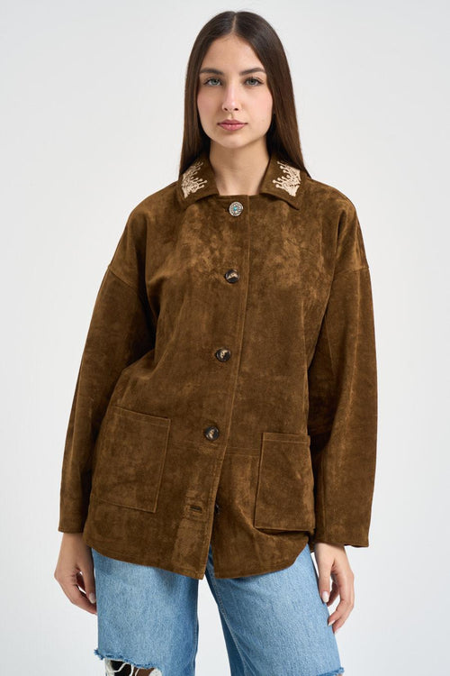 Giacca donna in suede marrone con ricami