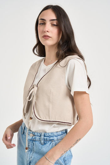 Gilet donna cropped beige - 6