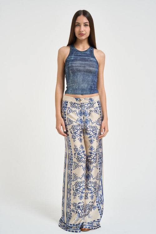 Top donna in simil denim blu