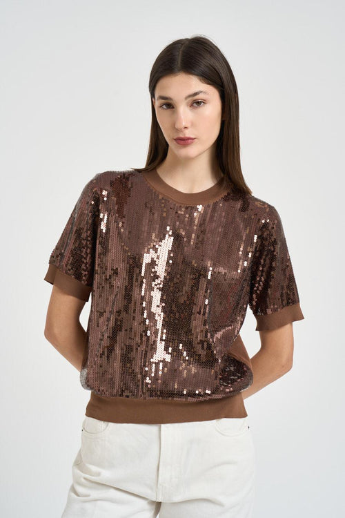 T-shirt donna con paillettes marrone - 1