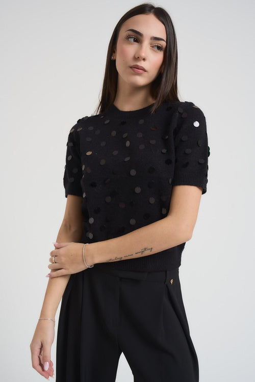 T-shirt donna cropped con paillettes nera