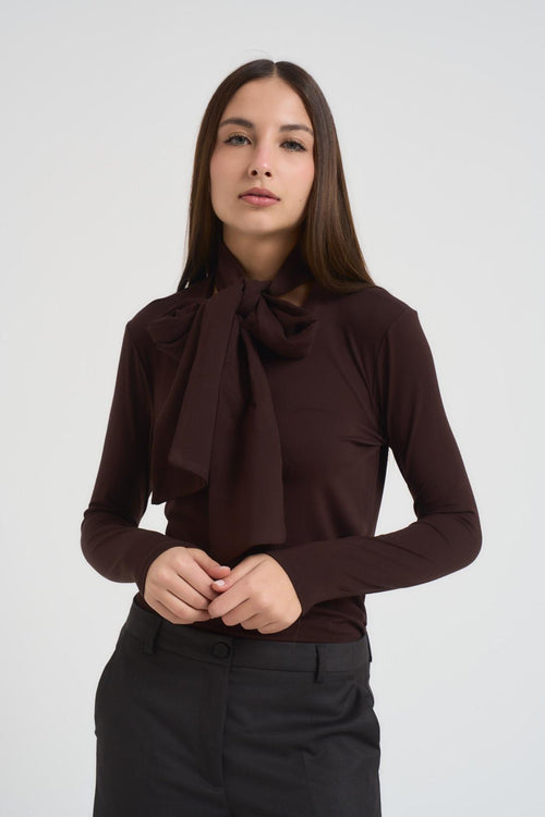 Maglia donna con fiocco marrone