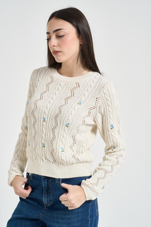 Maglia donna traforata ecru con fiorellini - 2