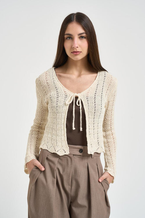 Cardigan donna in maglia traforata panna - 1
