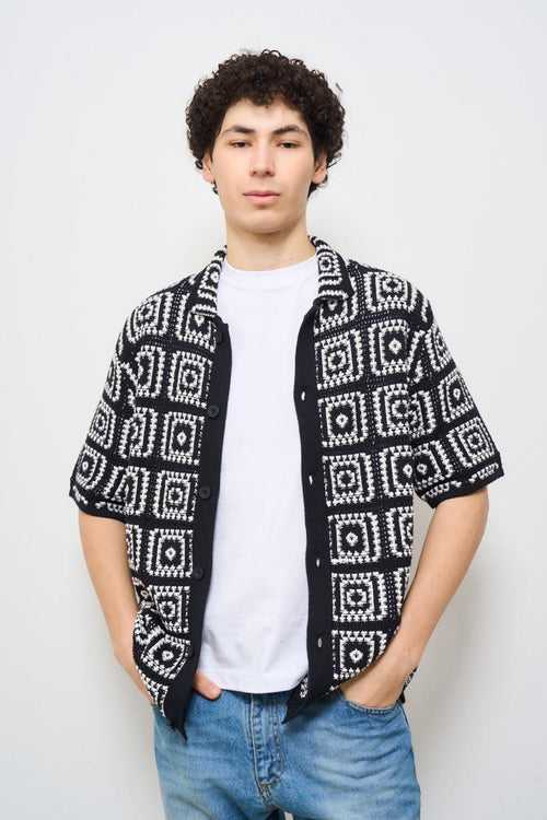 Camicia uomo in fantasia quadri nera
